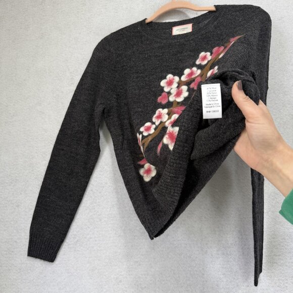 Saccharine New York Sweater Womens Small Charcoal Embroidered Cherry Blossom - Picture 5 of 7